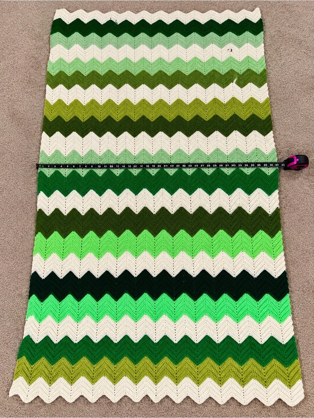 Vintage Handmade Crochet Chevron Afghan Blanket – Green & White